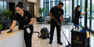 Three professional cleaners cleaning a modern office lobby.