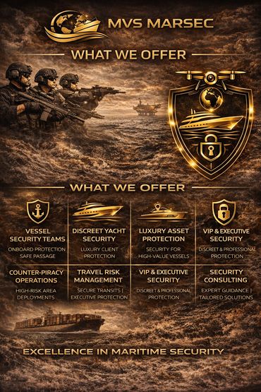 Maritime security services by MVS Marsec with armed personnel and yacht protection.