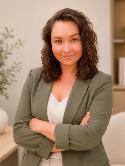 Confident woman with curly hair smiling with arms crossed.