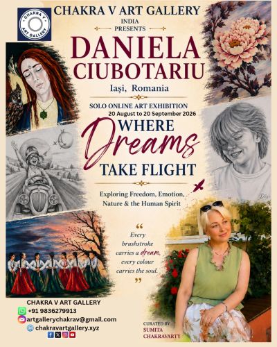 Flyer for Daniela Ciubotariu's online art exhibition "Where Dreams Take Flight."