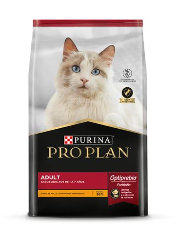 Purina Pro Plan adult cat food with Optiprebio prebiotic for digestive health.