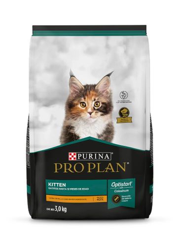 Bag of Purina Pro Plan kitten food featuring a kitten image.