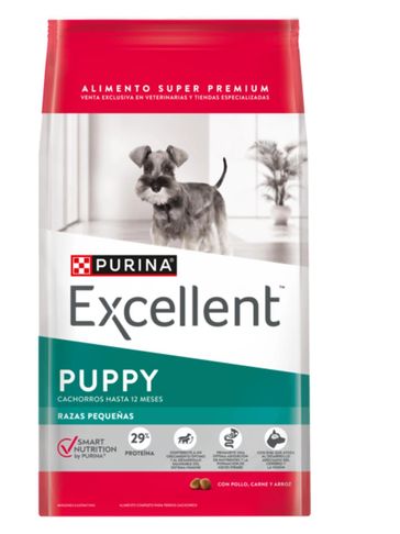 Bag of Purina Excellent puppy food for small breeds up to 12 months.