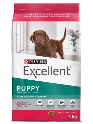 Bag of Purina Excellent puppy food for medium and large breeds.