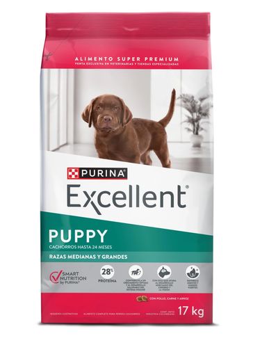 Bag of Purina Excellent puppy food for medium and large breeds.