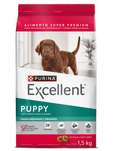 Bag of Purina Excellent puppy food for medium and large breeds.