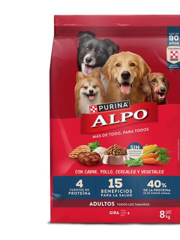 Alpo dog food bag featuring four dogs, highlighting protein and health benefits.