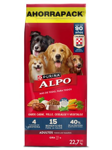 Empaque de Purina Alpo para perros con sabor carne, pollo, cereales y vegetales.