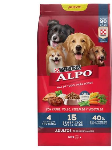 Paquete de alimento para perros adultos Purina ALPO con carne, pollo, cereales y vegetales.