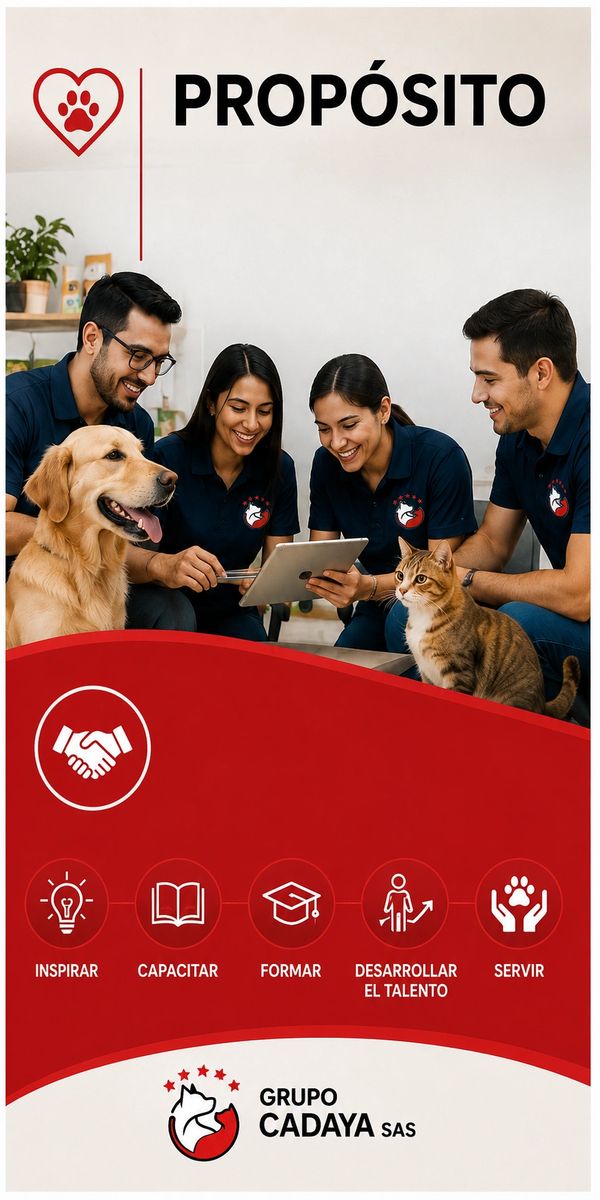 Equipo de Grupo Cadaya SAS con mascotas, promoviendo su propósito.