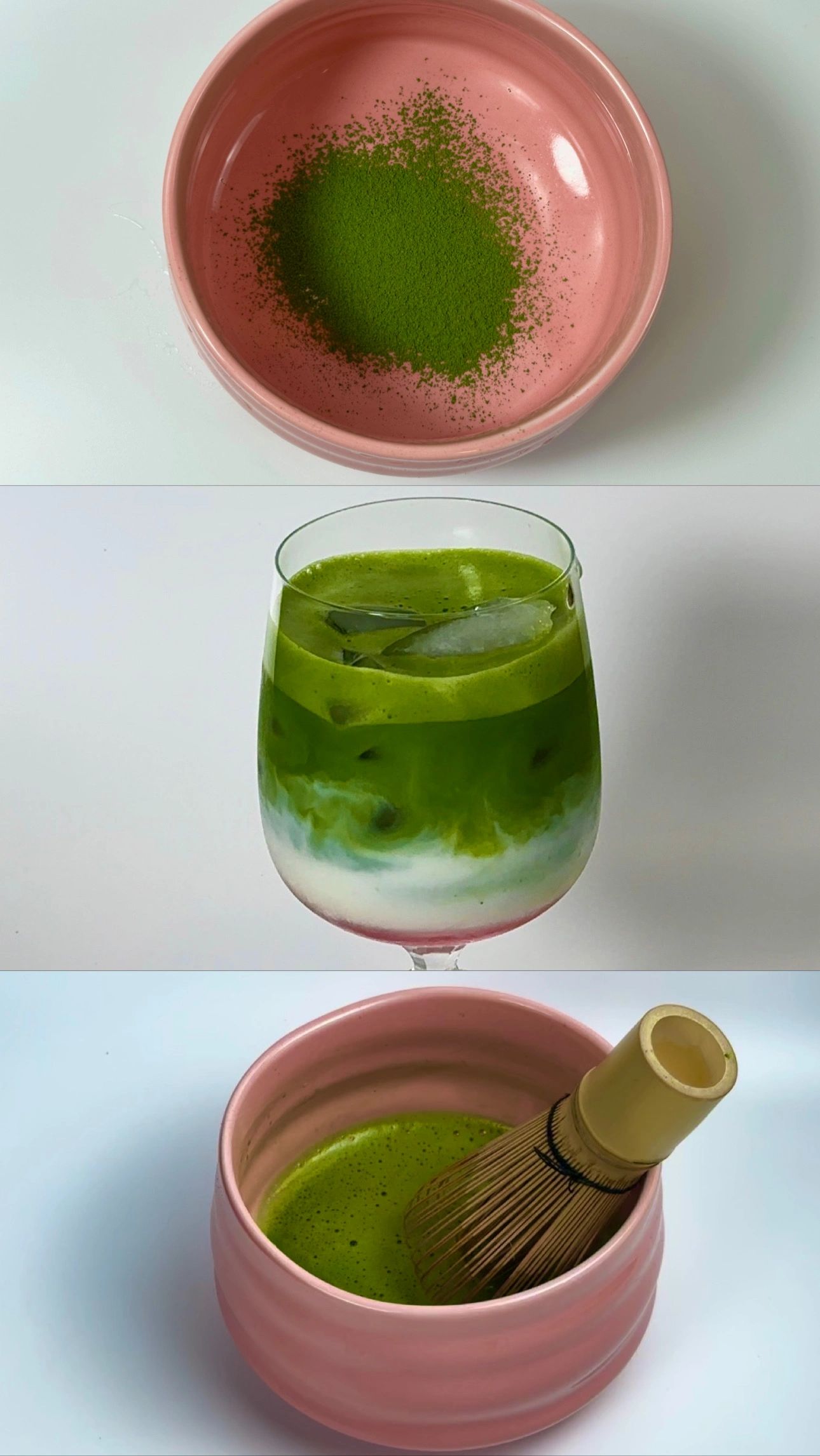 Matcha powder, iced matcha latte, and whisked matcha in pink bowls.