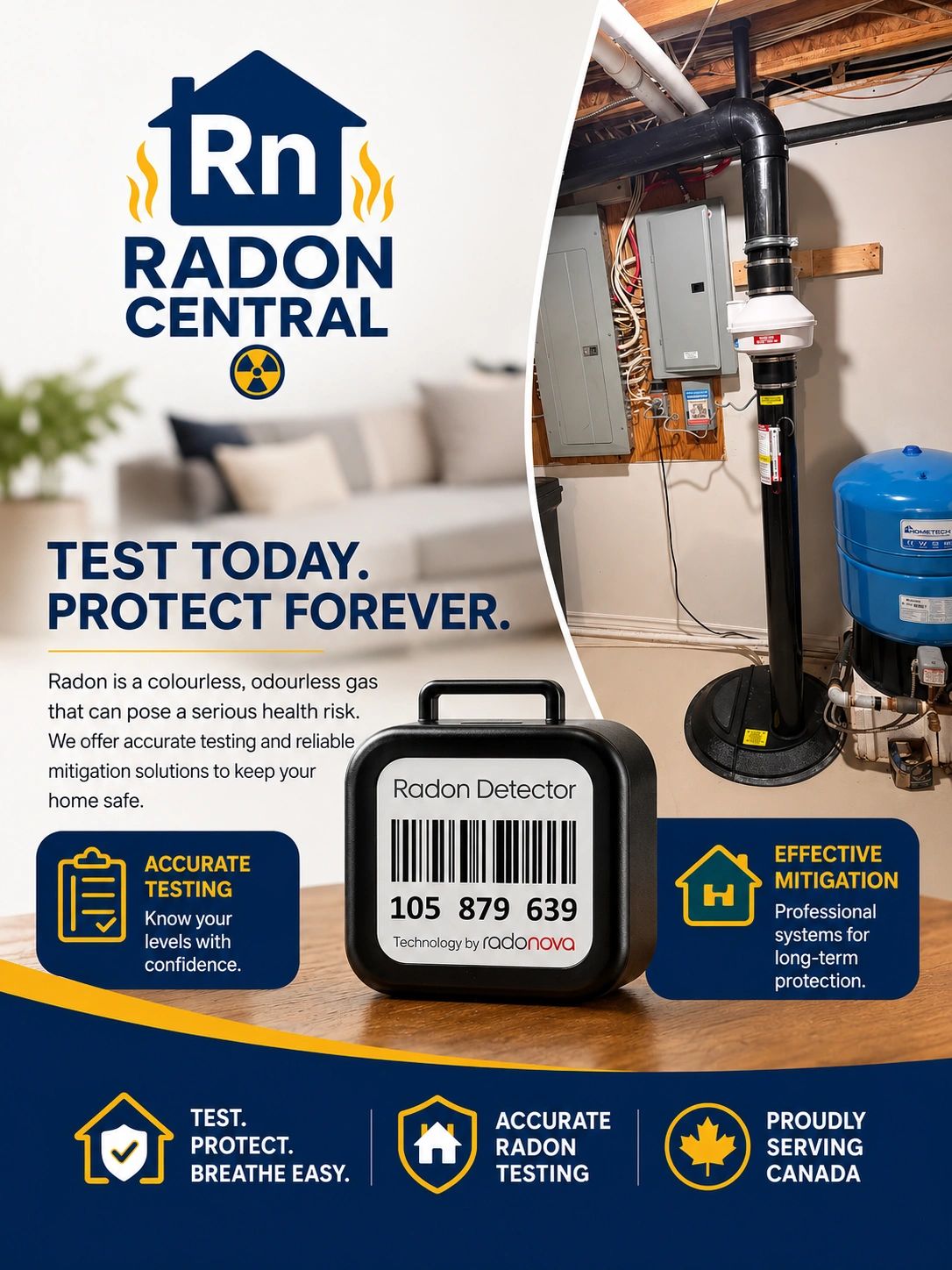 Radon Central ad promoting radon testing and mitigation.