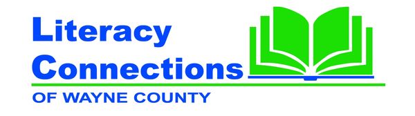 Logo for Literacy Connections of Wayne County with text and an open book graphic.