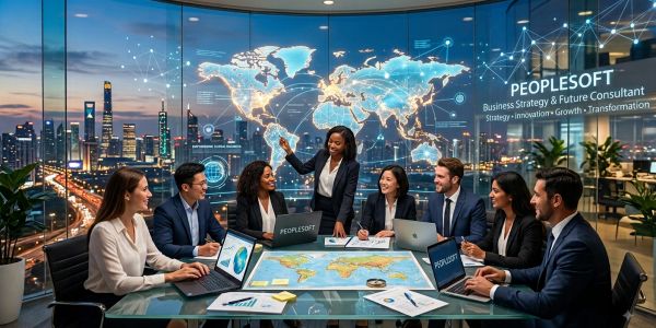 Diverse team discussing global business strategy in a modern office.