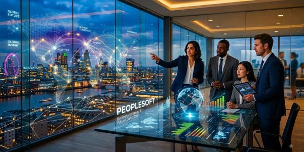 Business team analyzing futuristic data in a high-tech office.