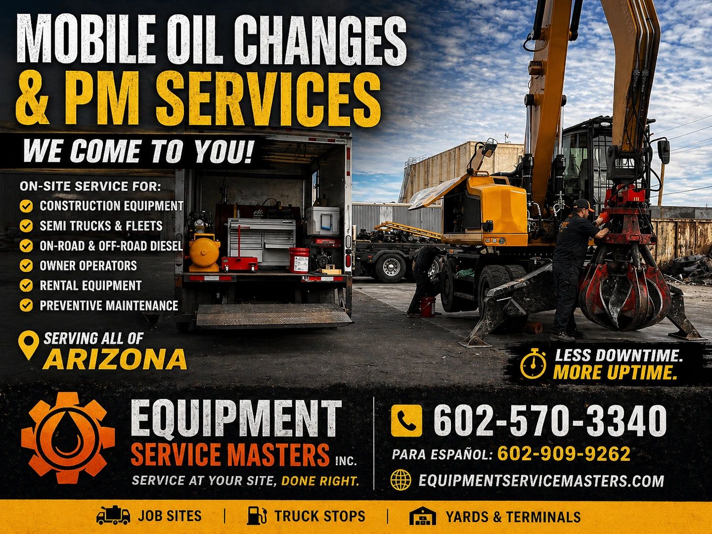 Mobile oil change service for construction and fleet equipment in Arizona.