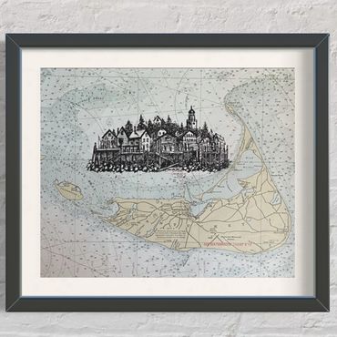 Nantucket art ink drawing nautical chart