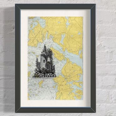 Eagle island lighthouse art ink drawing chart