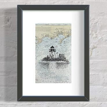 Lighthouse art Nantucket cape cod ink drawing map chart