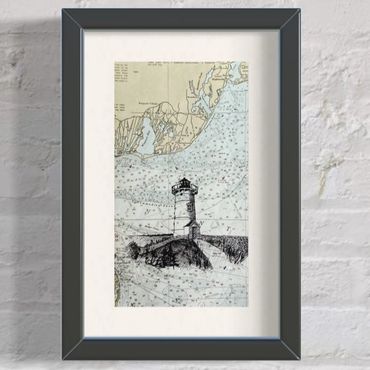 Lighthouse art ink nautical map chart cape cod Nantucket drawing