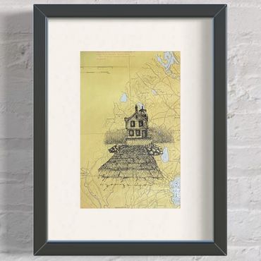 Lighthouse art ink drawing chart antique Maine Rockland