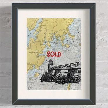 Lighthouse art ink drawing chart nautical Marshall point maine