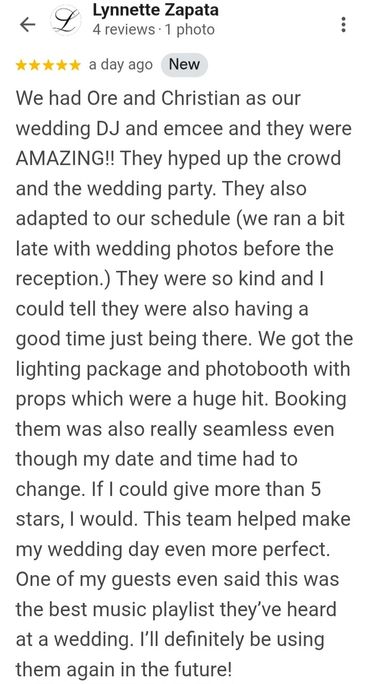 Positive wedding DJ and emcee review praising their energy and service.