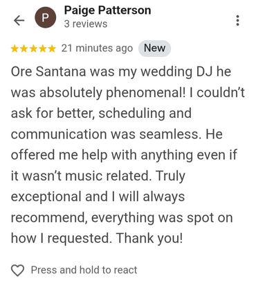 Five-star review praising DJ Ore Santana's exceptional service and communication for a wedding.