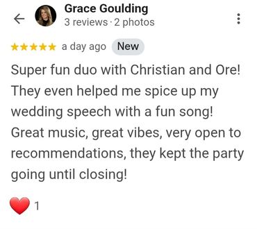 Five-star review praising Christian and Ore for great music and party vibes.