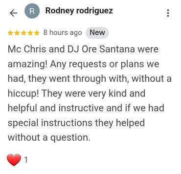 Positive 5-star review praising Mc Chris and DJ Ore Santana for excellent service and kindness.
