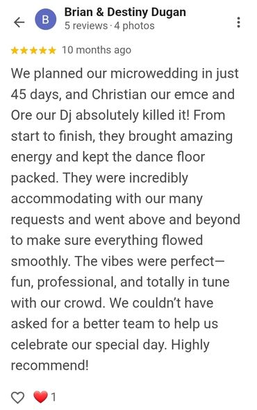 Positive 5-star review praising the DJ and emcee for an amazing microwedding experience.