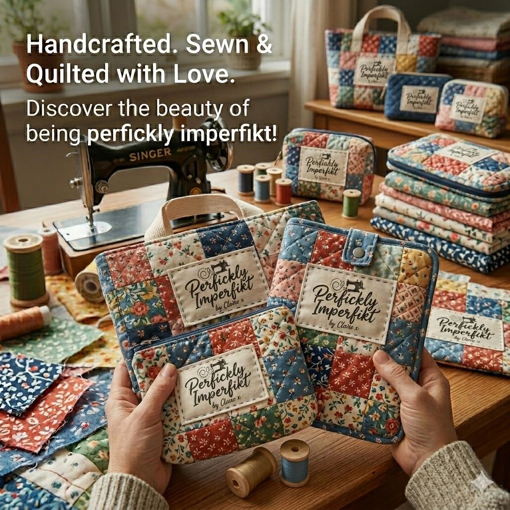 Handcrafted quilted accessories showcasing unique patchwork designs and a vintage sewing machine.