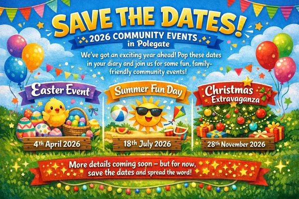 Colorful 2026 community event dates for Easter, Summer Fun Day, and Christmas in Polegate.
