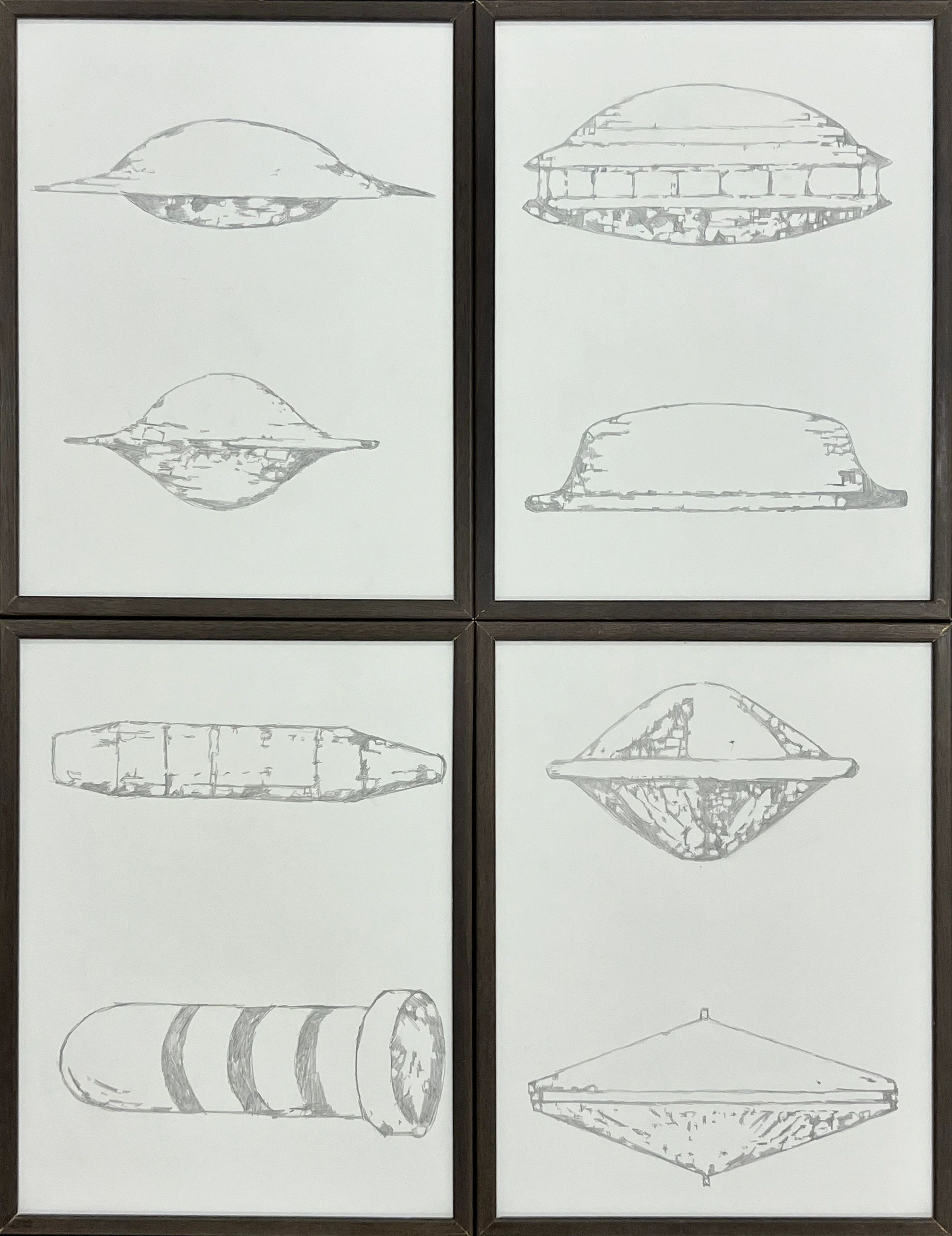 A group of 8 unidentified flying objects drawn in pencil based on historic documentation of UFOs 195