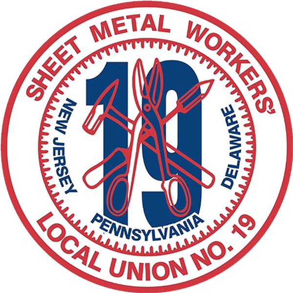 This is the circle logo of Sheet Metal Workers' Local Union 19 in red, white, and blue colors