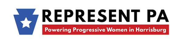 Represent PA blue keystone logo, "Powering Progressive Women in Harrisburg"