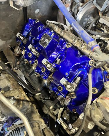 Powder coated blue Diesel engine we added performance parts to.
