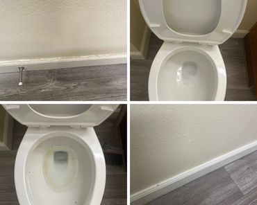 Four images showing a dirty toilet, a loose doorstop, and wall baseboard wear.