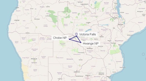 Botswana and Zimbabwe itinerary with Hwangwe,Chobe and Victoria Falls map