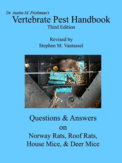 Cover of a pest handbook focusing on rats and mice with a photo of a rat caught in a trap.