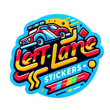 Colorful sticker design with a race car and the text 'Left Lane Stickers'.