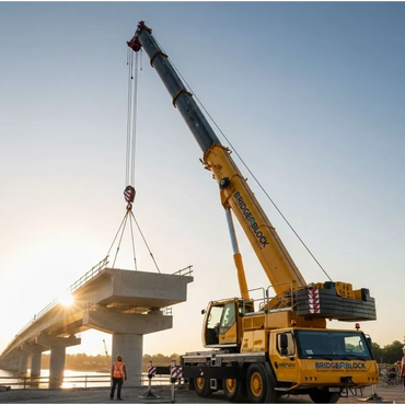 A crane lifting a concrete bridge segment during construction at sunset.