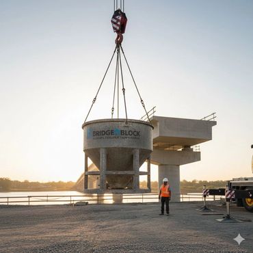 Construction worker overseeing a heavy concrete bucket lifted by a crane at a bridge site.