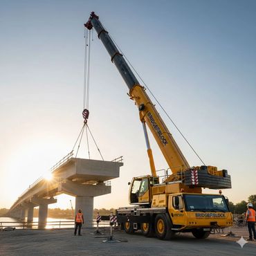 A crane lifting a concrete bridge segment during construction at sunset.