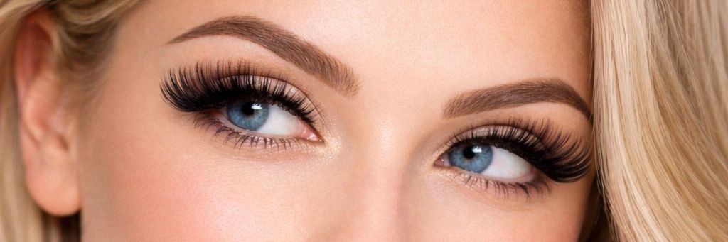 Close-up of blue eyes with thick, long eyelashes and well-groomed eyebrows.