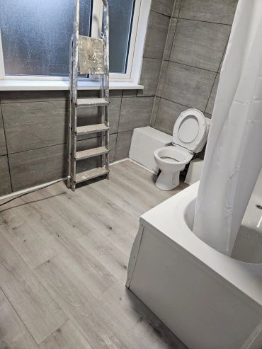 Bathroom with a ladder and a white toilet.
