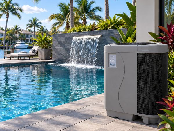 Modern pool heat pump next to a luxury pool with waterfall.