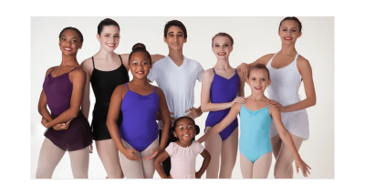 Group of diverse young ballet dancers posing together.