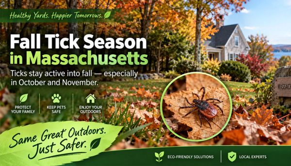 Fall tick season in Massachusetts yard with leaf litter and wooded edges