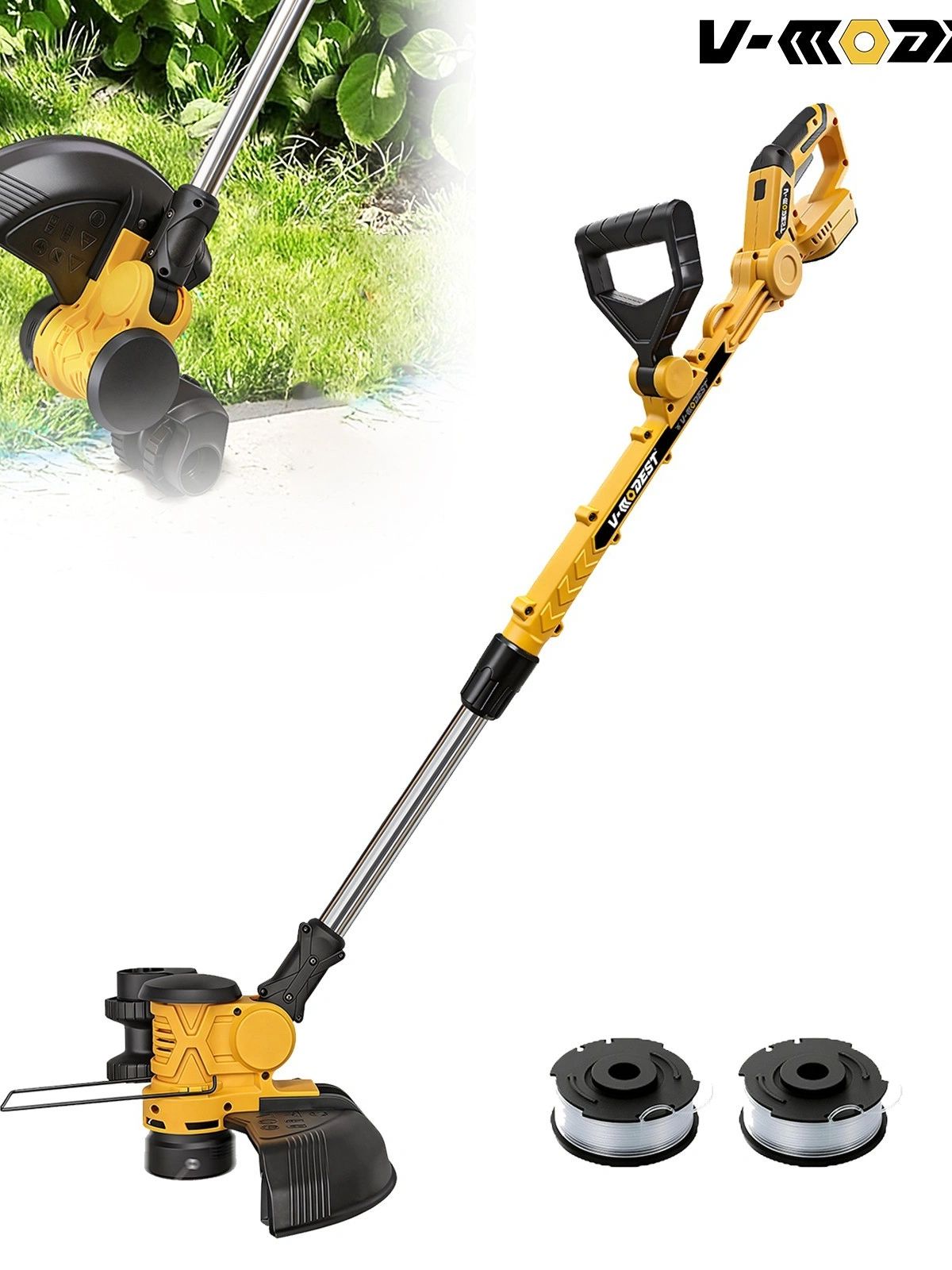 Yellow cordless grass trimmer with spool replacements.